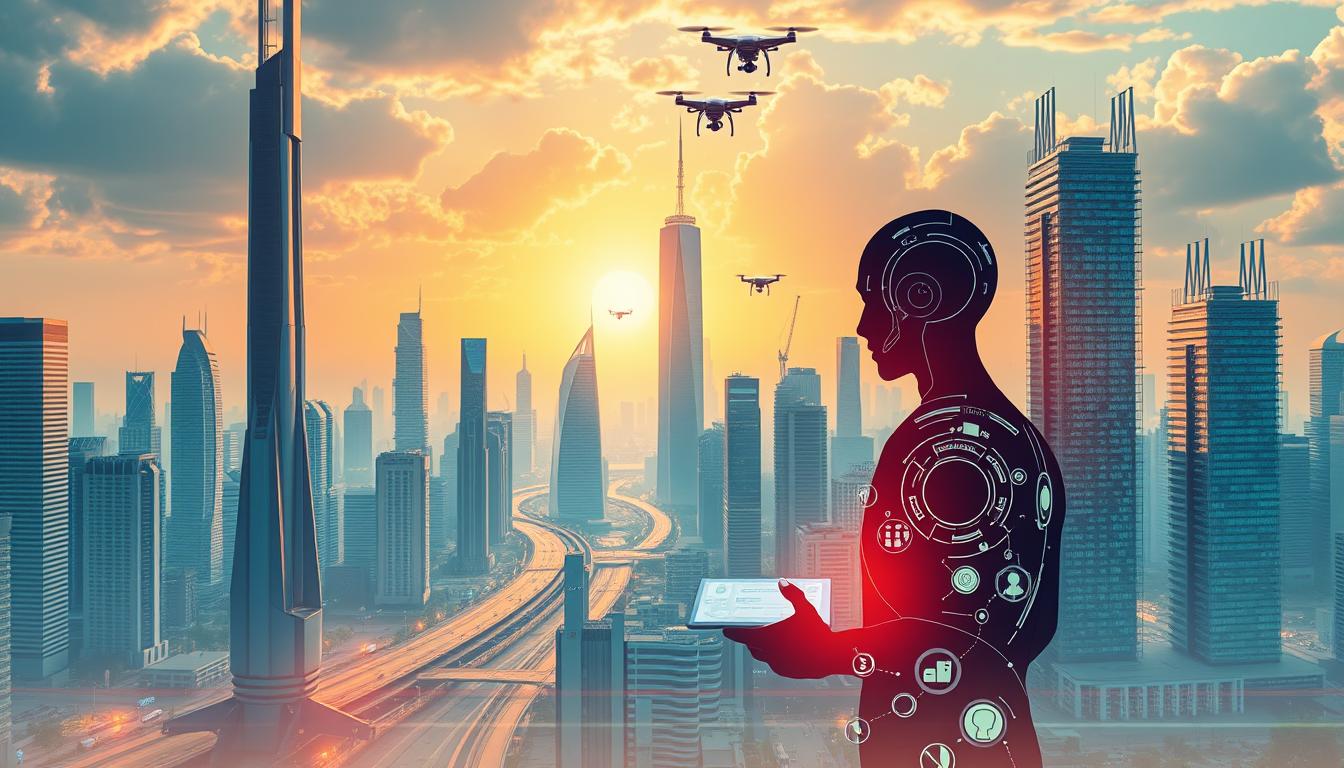 A futuristic cityscape with towering skyscrapers and advanced technology, representing the transformative impact of artificial intelligence on the world of work. In the foreground, a stylized human figure interacts with digital interfaces, hinting at the changing nature of occupations. The middle ground showcases a blend of traditional and AI-powered workspaces, while the background features a dynamic skyline with autonomous vehicles and drones, symbolizing the technological revolution shaping the future job market. The scene is bathed in a warm, vibrant glow, conveying a sense of progress and innovation amidst the evolving landscape of employment.
