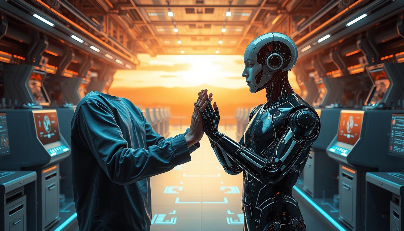 A harmonious interplay between human and artificial intelligence, showcasing their collaborative efforts. In the foreground, a human and an AI agent work side by side, their hands joined in a gesture of unity, symbolizing the synergy between their capabilities. The middle ground features a landscape of futuristic technology, with sleek machines and holographic interfaces, representing the advanced tools at their disposal. The background is bathed in a warm, golden glow, conveying a sense of progress and optimism. The scene is captured with a cinematic, wide-angle lens, emphasizing the grand scale of their collaboration and the profound impact it may have on the world.