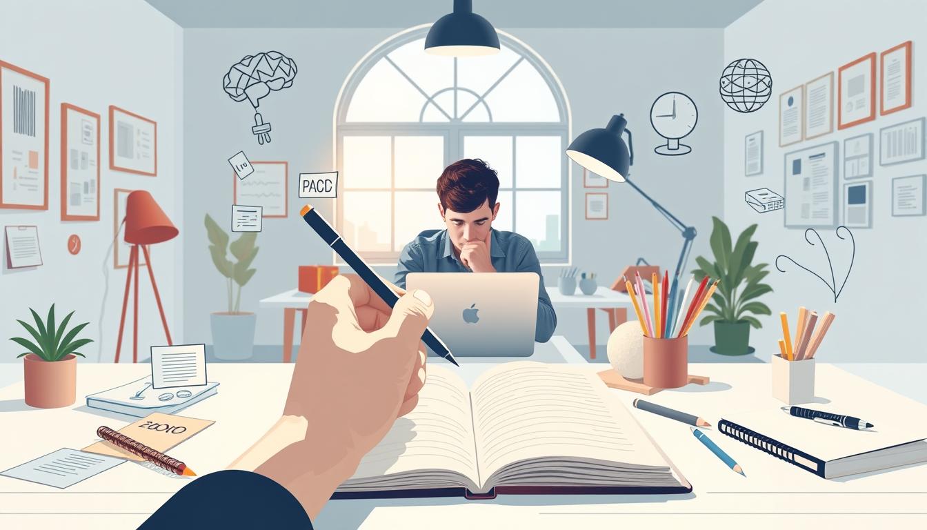 A serene, well-lit study space, featuring a stylized illustration of strategic memory enhancement techniques. In the foreground, a hand holding a pen hovers over a notebook, surrounded by cognitive aids like mnemonic devices, flashcards, and mindmaps. The middle ground showcases a person in deep focus, surrounded by digital devices and productivity tools. The background depicts a tranquil, minimalist workspace, with natural lighting filtering through large windows. The overall tone is one of thoughtful contemplation, blending analog and digital elements to represent the balance of traditional and modern memory strategies in the age of technology.
