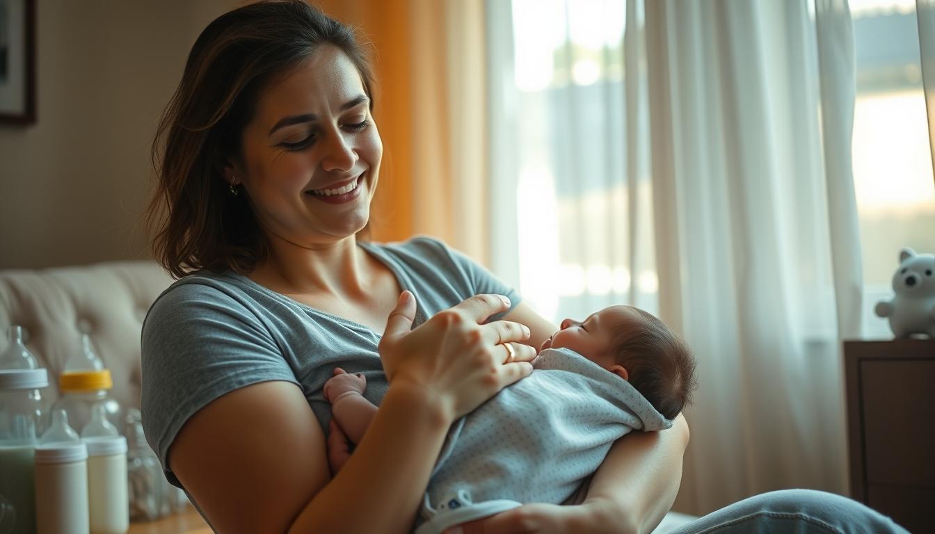 A new mother gently holding her infant, surrounded by the trappings of early parenthood - milk bottles, pacifiers, and soothing lullabies playing softly in the background. Soft natural lighting filters through sheer curtains, casting a warm, intimate glow. The mother's expression conveys a mix of joy, exhaustion, and determination as she navigates the challenges of this profound life transition. The scene evokes the bittersweet reality of motherhood - the profound love and fulfillment juxtaposed with the physical and emotional demands. The composition emphasizes the mother-child bond, framing them as the focal point against a slightly blurred, simplified background, allowing the viewer to focus on the essence of this new chapter.