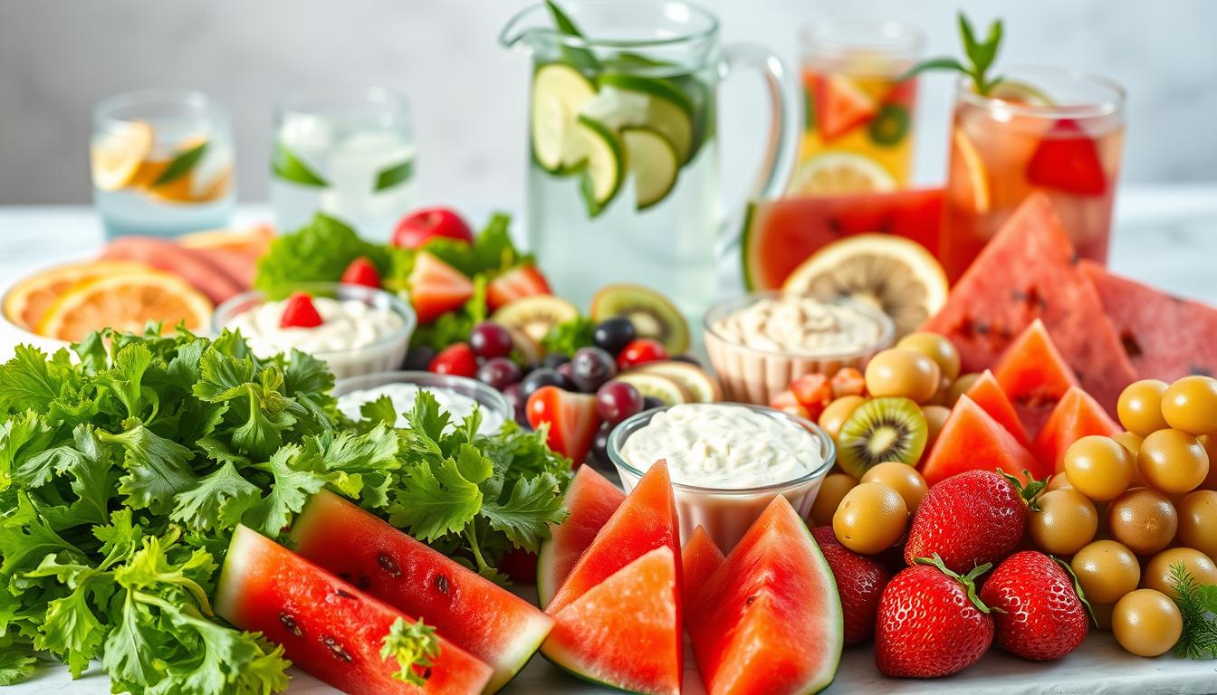 A visually arresting still life showcasing a diverse array of chilled, refreshing foods. In the foreground, crisp salad greens, juicy watermelon slices, and a selection of vibrant fruits such as grapes, strawberries, and kiwi. In the middle ground, a variety of cold appetizers like hummus, tzatziki, and marinated olives. The background features a glass pitcher of iced tea or infused water, accompanied by a selection of cooling drinks. The lighting is natural and soft, highlighting the colors and textures of the chilled delicacies. The overall composition conveys a sense of tranquility and health, inviting the viewer to consider the restorative and energizing properties of these cold dishes.