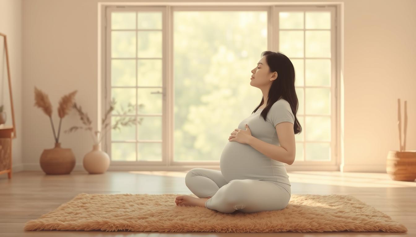 A serene, minimalist illustration of a pregnant woman practicing deep breathing exercises in a calming, natural setting. The woman sits cross-legged on a plush, earth-toned rug, eyes closed, hands resting gently on her growing belly. Soft, diffused lighting filters through large windows, casting a warm, peaceful glow. The background features muted, earthy tones and simple, nature-inspired decor, creating a soothing, spa-like atmosphere to help alleviate the common anxieties of pregnancy.