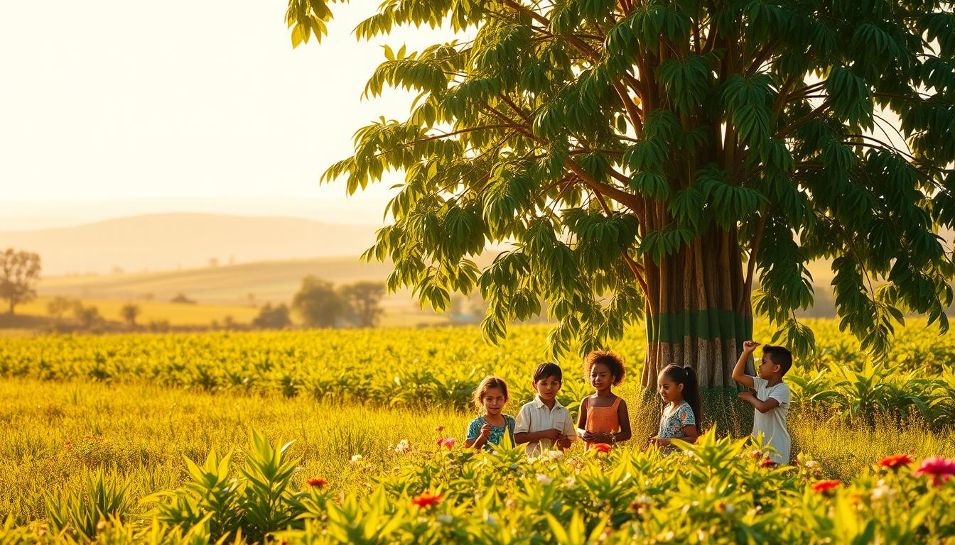 A lush, verdant field bathed in warm, golden sunlight. In the foreground, a towering moringa tree stands tall and majestic, its vibrant green leaves rustling gently in the breeze. The tree's thick, sturdy trunk anchors it firmly to the earth, symbolizing the strength and vitality it imparts. Surrounding the tree, a diverse array of healthy, thriving plants and flowers, their colors and textures creating a harmonious, natural tapestry. In the middle ground, a group of children of varying ages playfully engage with the moringa leaves, their faces aglow with wonder and delight as they discover the plant's remarkable properties. The background fades into a soft, hazy horizon, accentuating the serene, idyllic atmosphere. This image conveys the profound impact of moringa on human growth and development, its bountiful gifts nourishing both the body and the spirit.