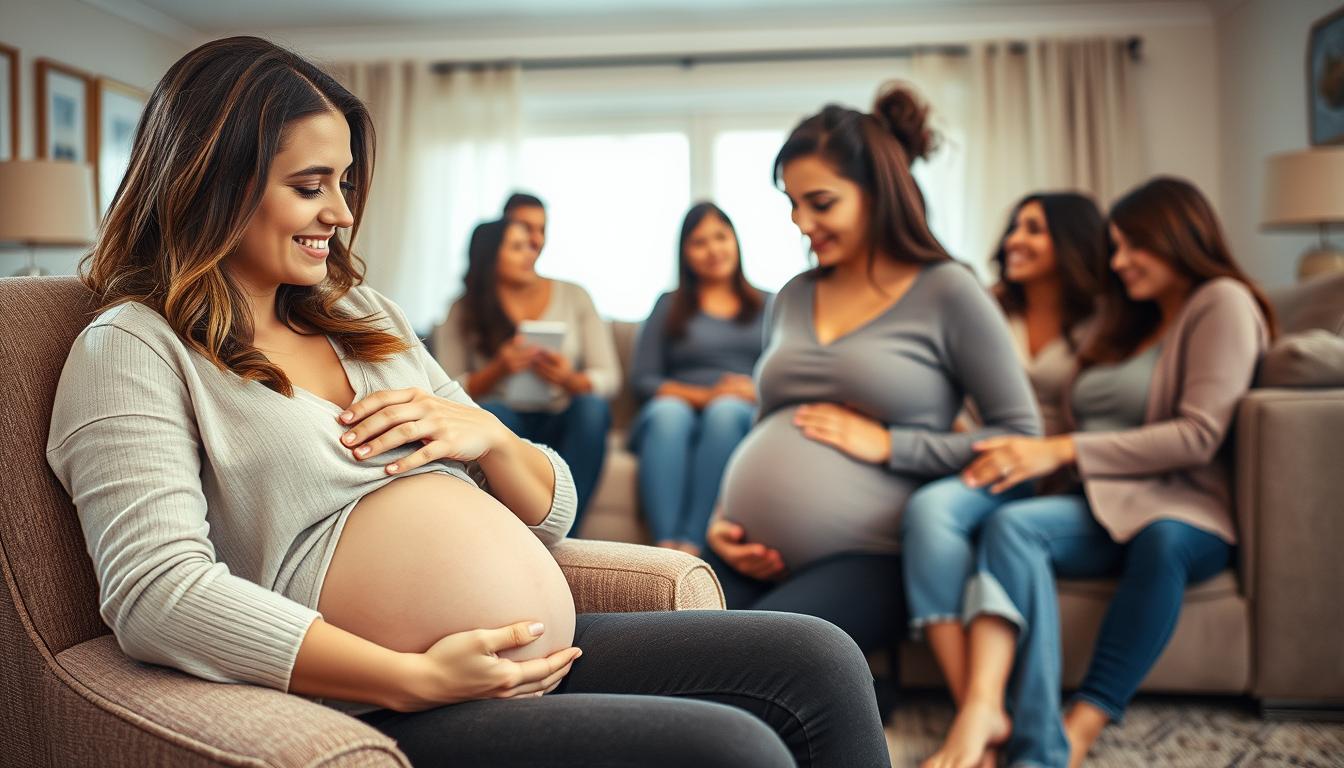 A warm, nurturing scene of a pregnant woman surrounded by a strong support system. In the foreground, the woman sits comfortably on a plush armchair, her hands gently cradling her pregnant belly. Beside her, a loving partner offers a reassuring embrace, their expressions radiating care and encouragement. In the middle ground, a group of close friends and family gather, offering words of wisdom and sharing in the excitement of this profound journey. The background is a cozy, well-lit living room, with soft, earthy tones and natural textures creating a sense of tranquility and security. The overall atmosphere conveys the importance of building a nurturing network during pregnancy, fostering a sense of empowerment and preparedness for the soon-to-be mother.