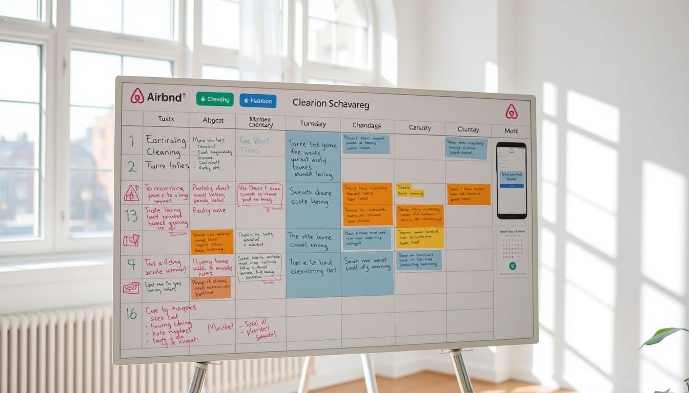 A clean, organized Airbnb cleaning schedule board with color-coded task assignments, detailed checklists, and digital calendar view. The board is displayed in a well-lit, bright room with large windows and natural light streaming in. The schedule features a mixture of handwritten notes, digital tabs, and mobile app interface, showcasing a hybrid approach to managing turnovers. The overall atmosphere conveys efficiency, attention to detail, and a streamlined workflow - key elements for reducing Airbnb cleaning costs in East Orange, NJ.