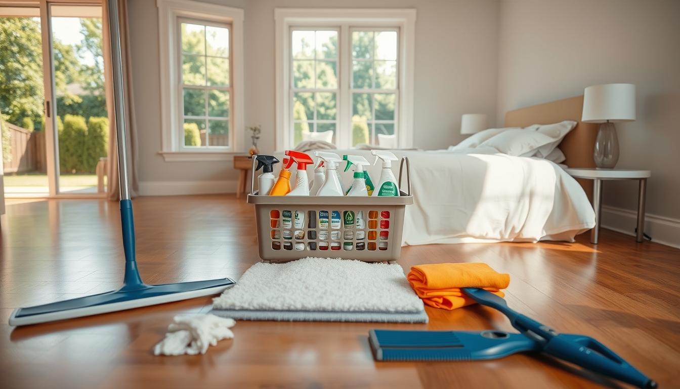 An expansive, sunlit Airbnb unit in Essex County, New Jersey. At the center, a spotless, well-organized cleaning caddy filled with eco-friendly supplies. Surrounding it, a serene scene: a neatly made queen-size bed with plush white linens, a gleaming hardwood floor, and a pair of large windows overlooking a lush, verdant backyard. Warm, diffused lighting casts a soft glow, creating an atmosphere of tranquility and cleanliness. In the foreground, carefully arranged cleaning tools - a microfiber mop, a squeegee, a set of dusting rags - convey a sense of proactive, preventive maintenance. The overall impression is one of a meticulously maintained, guest-ready Airbnb space, optimized for minimal cleaning and maximum guest satisfaction.