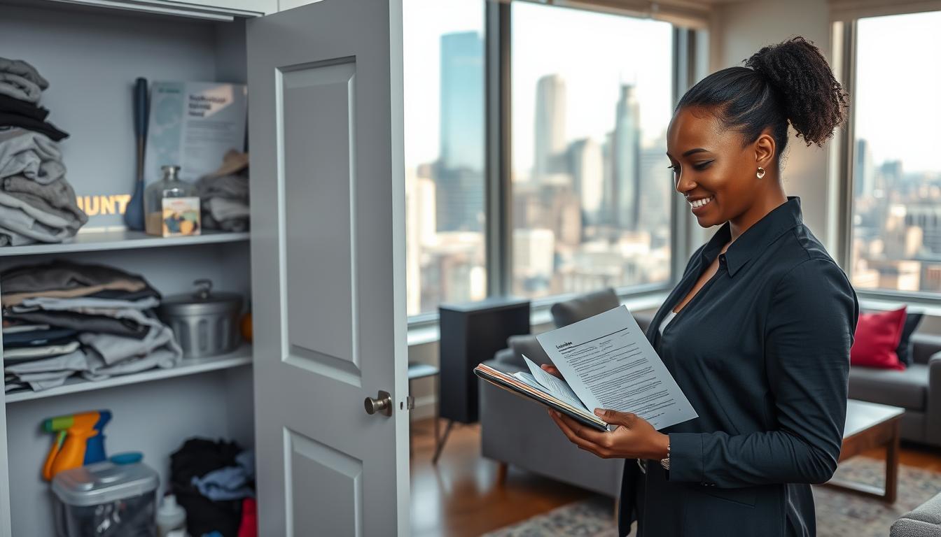 A modern, well-lit Airbnb apartment interior with a cluttered but organized cleaning supply closet in the foreground. In the middle ground, a friendly housekeeper reviews checklists and instructions on a tablet, preparing for the next guest's arrival. The background showcases the lively cityscape of Newark, New Jersey, through large windows, conveying a sense of urban vibrancy. The overall atmosphere is professional, efficient, and focused on providing a seamless guest experience through clear communication and attention to detail.