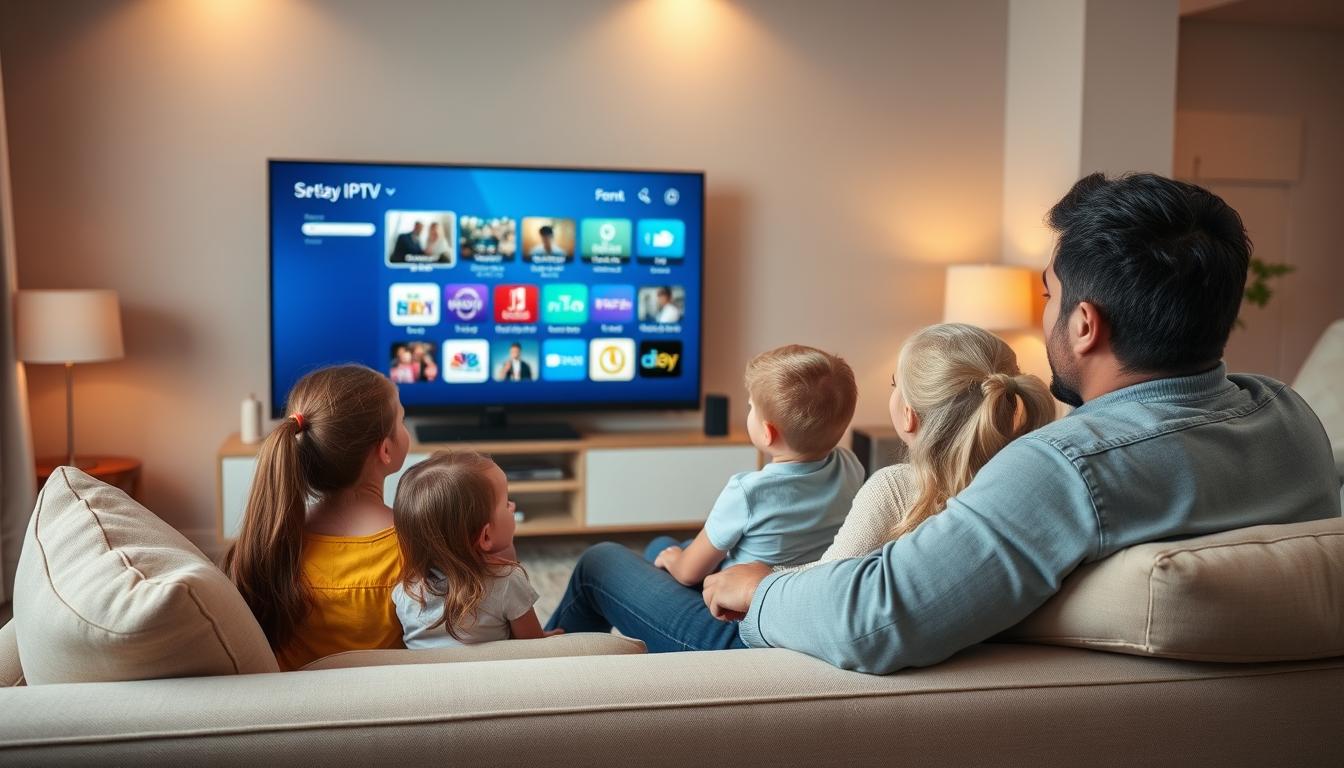 Glückliche Familie genießt IPTV mit allen freigeschalteten Sendern auf einem großen Smart-TV