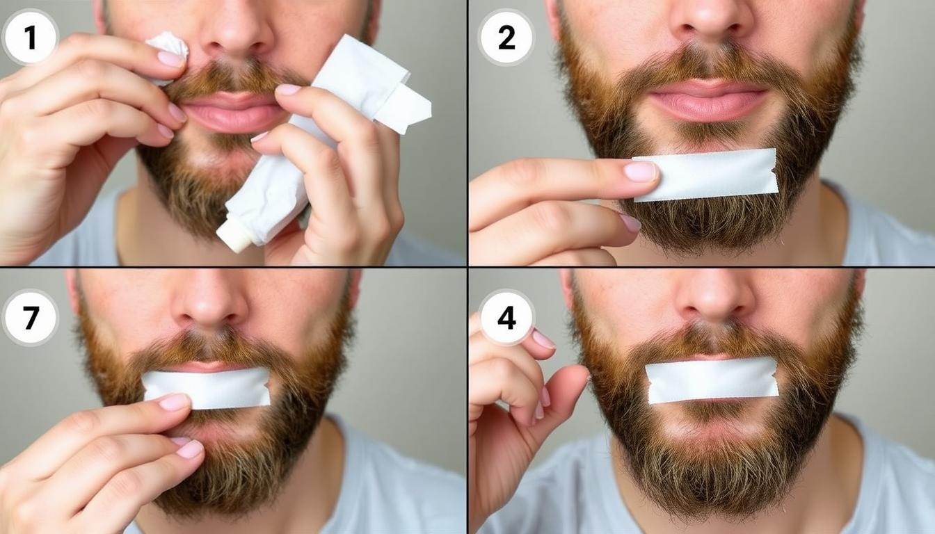 Step-by-step application of mouth tape for bearded men