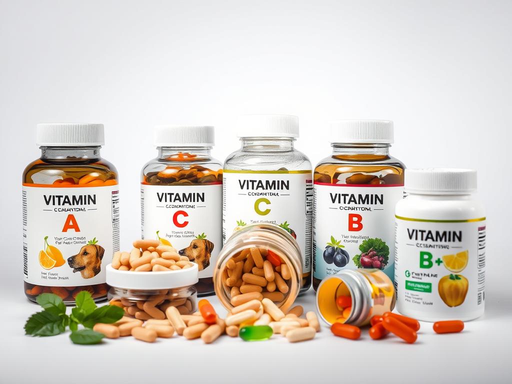 Diferentes vitaminas para imunidade de cachorros em formato de tabletes e cápsulas
