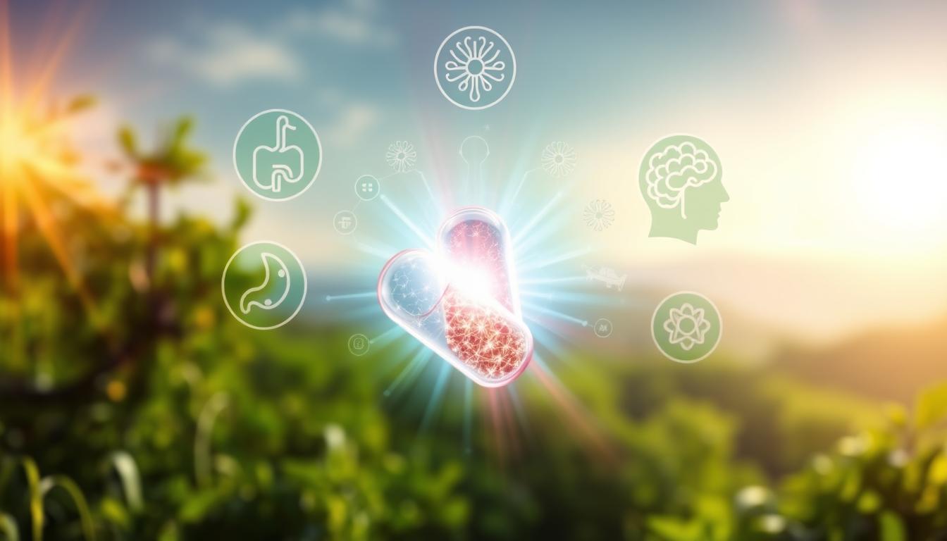 Discover the Benefits of PrimeBiome: A Comprehensive Review 3 A vibrant, high-resolution image depicting the benefits of PrimeBiome. In the foreground, a radiant capsule filled with a glowing, holistic essence representing the product's potent formula. Behind it, a dynamic arrangement of health-promoting icons such as a gut, immune system, and brain, illustrating the comprehensive wellness support PrimeBiome provides. The background features a serene, naturalistic landscape with lush greenery and soothing light, conveying the product's organic, nourishing properties. The overall composition exudes a sense of balance, vitality, and the promise of enhanced well-being.