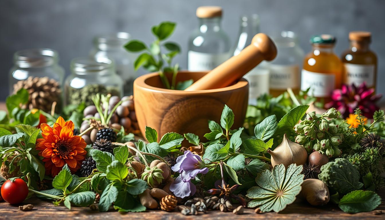Exploring the Science of Herbal Medicine: Does It Work? 4 A meticulously arranged still life depicting evidence-based herbal medicine. In the foreground, an assortment of fresh herbs and botanicals, their vibrant colors and textures captured in careful detail. In the middle ground, a wooden mortar and pestle, used to grind the herbs into restorative concoctions. The background features glass jars and vials, their labels suggesting the scientific nature of these natural remedies. Soft, natural lighting illuminates the scene, casting gentle shadows and highlighting the organic forms. The overall mood is one of reverence and empirical study, conveying the rigor and care that goes into crafting effective herbal medicines.