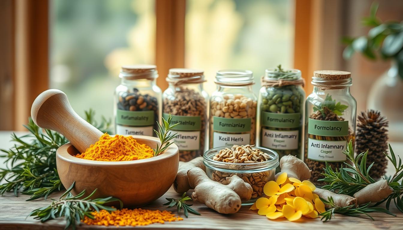 Evidence-Based Herbal Treatments: Discover Natural Remedies 3 A still life arrangement showcasing an array of herbal ingredients used in natural remedies for inflammation. In the foreground, a wooden mortar and pestle grinds fresh herbs like turmeric, ginger, and rosemary. In the middle ground, glass jars contain dried herbs and extracts, their labels denoting their anti-inflammatory properties. The background features a soft, warm-toned natural setting, with sunlight streaming through a window, casting a gentle glow on the scene. The overall mood is one of wellness, tranquility, and the restorative power of nature.