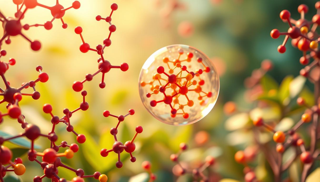 Exploring the Science of Herbal Medicine: Does It Work? 3 A vibrant, close-up illustration showcasing the intricate molecular structures of phytochemicals found in herbal remedies. The foreground depicts an array of organic compounds, their intricate shapes and colors representing the diverse bioactive compounds present in medicinal plants. In the middle ground, a microscopic view reveals the complex interplay of these phytochemicals, hinting at their potential therapeutic mechanisms. The background features a hazy, dreamlike botanical setting, suggesting the natural origins of these powerful plant-derived molecules. The lighting is soft and diffused, evoking a sense of wonder and scientific curiosity. The overall composition conveys the remarkable complexity and potential of herbal medicine's active ingredients.