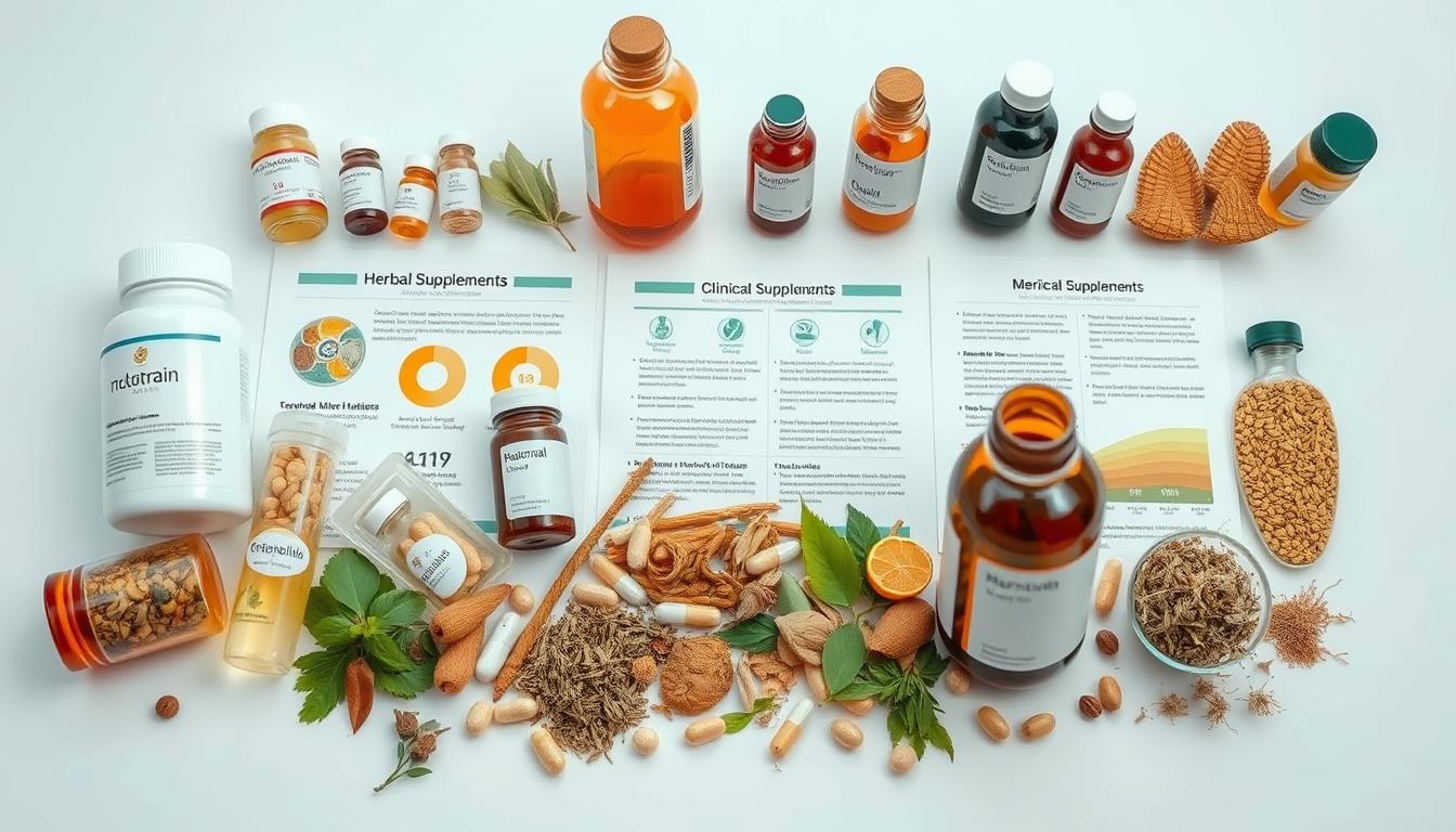 Exploring the Science of Herbal Medicine: Does It Work? 6 A detailed, semi-technical illustration of various herbal supplements arranged on a clean, white tabletop. The foreground features an assortment of bottles, capsules, and dried herbs with clear labels. The middle ground showcases informative infographics and fact sheets about the safety, potential benefits, and appropriate usage of these natural remedies. The background has a subtle grid pattern representing the scientific research and clinical data supporting (or refuting) the efficacy of herbal medicine. Soft, even lighting from above creates depth and highlights the textural details. Captured with a high-resolution camera lens to render a sharp, almost clinical aesthetic.