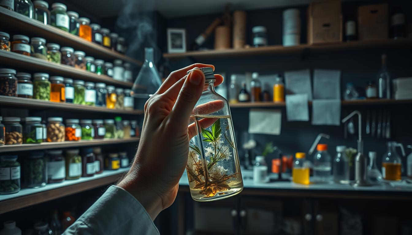 Exploring the Science of Herbal Medicine: Does It Work? 5 A dimly lit laboratory setting, with shelves of jars containing various herbal remedies. In the foreground, a hand holds a bottle, examining its contents with a skeptical gaze. The background features scientific equipment, such as beakers, Bunsen burners, and lab notes, hinting at the ongoing investigation into the effectiveness of these natural treatments. The overall atmosphere conveys a sense of uncertainty and the need for further scientific scrutiny.