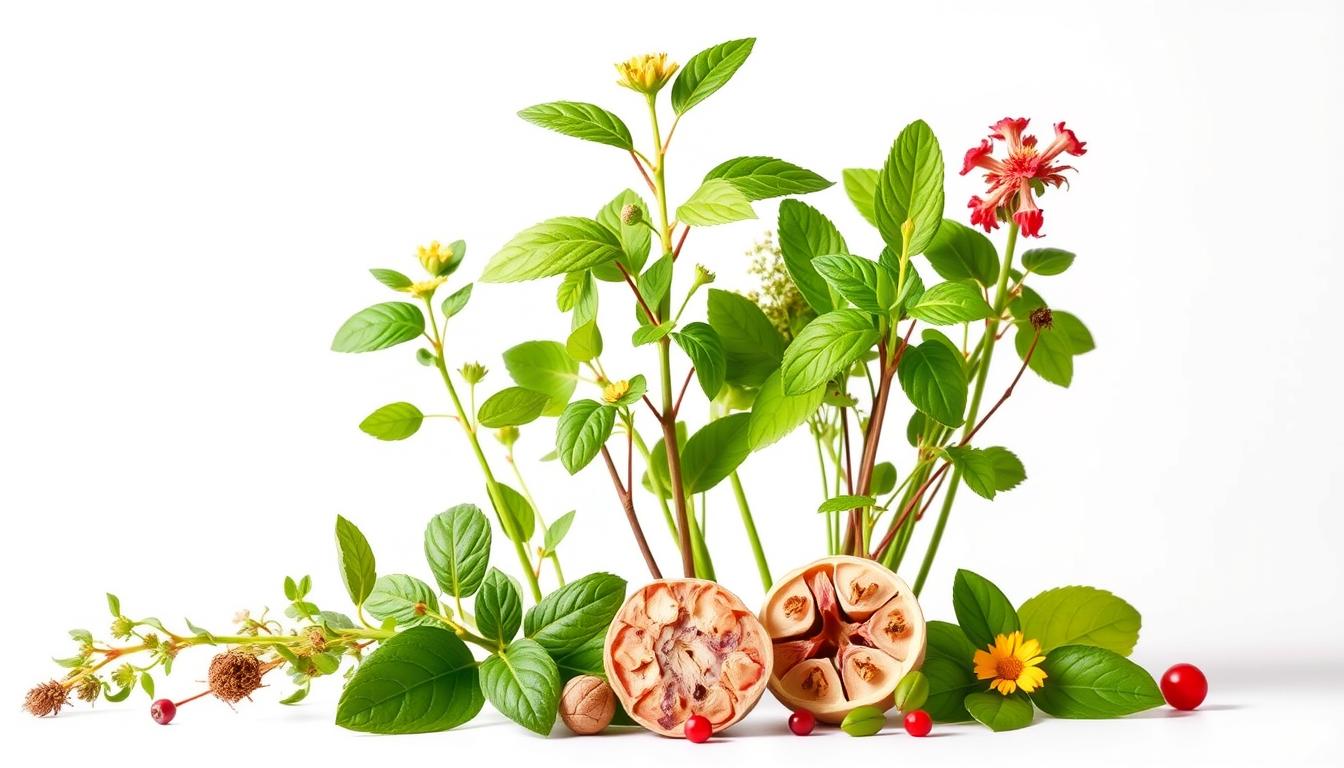 Evidence-Based Herbal Treatments: Discover Natural Remedies 4 A vibrant, botanically-accurate illustration of a selection of clinically-validated herbs for heart health, captured under soft, natural lighting against a plain white background. The foreground features a harmonious arrangement of several whole, leafy plants, their stems and roots visible, alongside a few representative flower heads or berries. The middle ground showcases a few cross-sections or close-up details of the plants' key medicinal parts. The background recedes into a clean, uncluttered space, allowing the botanical specimens to be the focus. The overall mood is one of scientific study and healthcare, with an emphasis on the herbs' therapeutic properties for cardiovascular wellbeing.