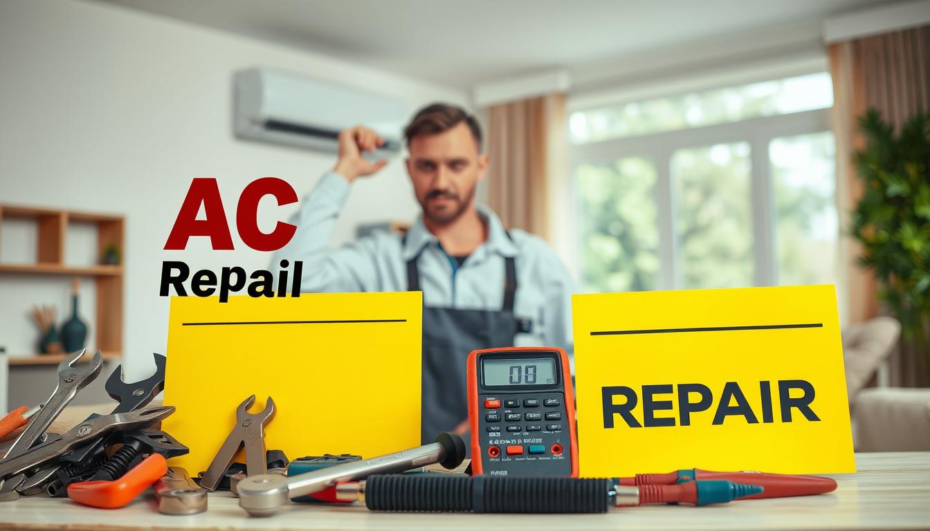 AC repair signs, prominently displayed in a well-lit, modern household setting. The foreground features various tools and equipment used by skilled HVAC technicians, including wrenches, pliers, and a digital multimeter. In the middle ground, a technician in a clean, professional uniform examines an air conditioning unit, their expression one of focused determination. The background depicts a comfortable, inviting living room, with a large window allowing natural light to flood the space, creating a warm, welcoming atmosphere. The overall scene conveys the importance of timely AC repairs, with the technician's expertise and the homeowner's trust in their abilities central to the narrative.