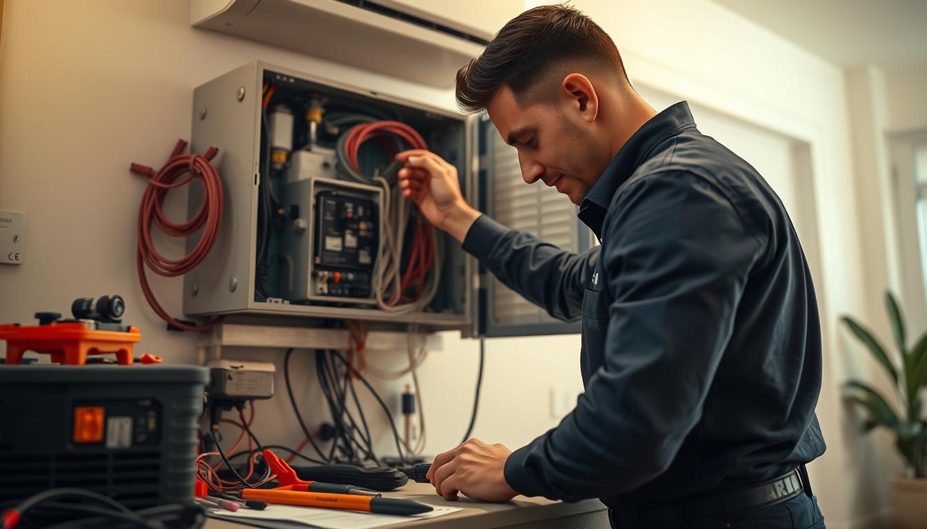 A skilled HVAC technician meticulously inspecting the electrical panel of a residential air conditioning unit, surrounded by a well-organized workspace filled with diagnostic tools and spare parts. Soft, warm lighting illuminates the scene, casting subtle shadows and highlighting the technician's focused expression as they troubleshoot the system. The background features a clean, modern home interior, suggesting a professional and trustworthy HVAC repair service in Miami.
