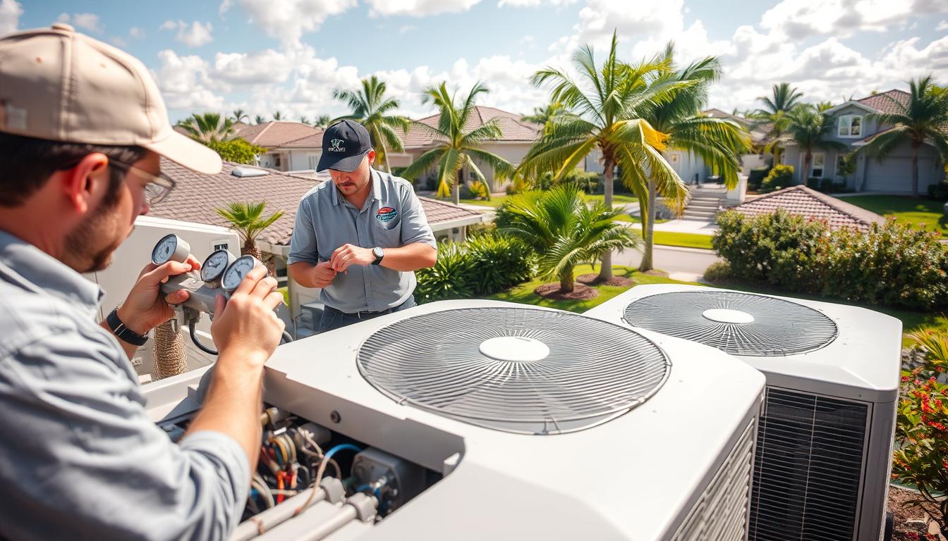 A well-maintained air conditioning system in Boynton Beach, Florida. In the foreground, a team of skilled technicians attentively inspecting the unit, checking gauges and making adjustments. The middle ground showcases the intricate inner workings of the cooling system, with pipes, coils, and fans meticulously maintained. In the background, a sunny, lush suburban neighborhood, with palm trees swaying gently in the warm breeze. The scene conveys a sense of professionalism, attention to detail, and energy efficiency, reflecting the importance of proper AC maintenance for homeowners in this climate.