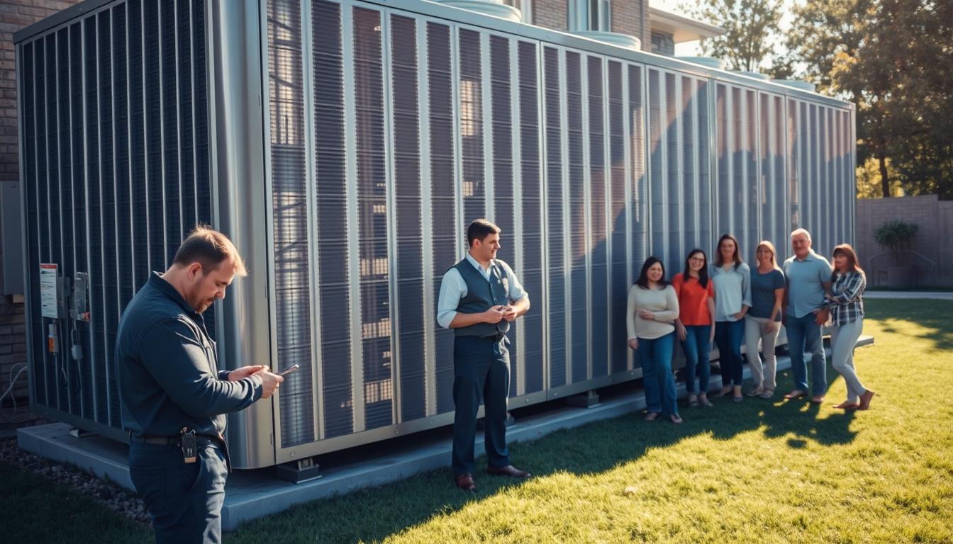 A sprawling air conditioning unit dominates the frame, its oversized metal chassis casting long shadows across the neatly manicured lawn. Crisp sunlight reflects off the gleaming condenser coils, hinting at the immense cooling capacity of this seemingly excessive system. In the foreground, an AC repair technician examines the controls, brow furrowed in concentration, as a happy family watches nearby, their relief palpable at the prospect of restoring comfort to their home. The carefully composed scene captures the importance of proper HVAC sizing, a critical factor in ensuring efficient, cost-effective climate control.