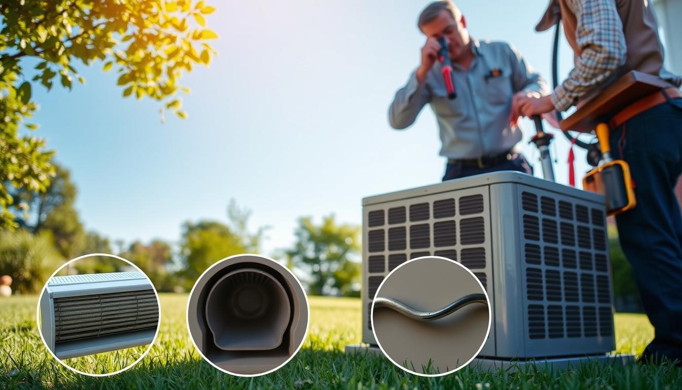 A pristine AC unit sits atop a well-maintained lawn, surrounded by lush greenery and a clear blue sky. In the foreground, a collection of common AC repair signs emerges - a blocked air filter, a vent clogged with dust, and a refrigerant line showing signs of wear. The scene is illuminated by soft, natural lighting, creating a warm and inviting atmosphere. A skilled AC repair technician examines the unit, their tools and expertise on full display, ready to restore the family's home to optimal comfort.