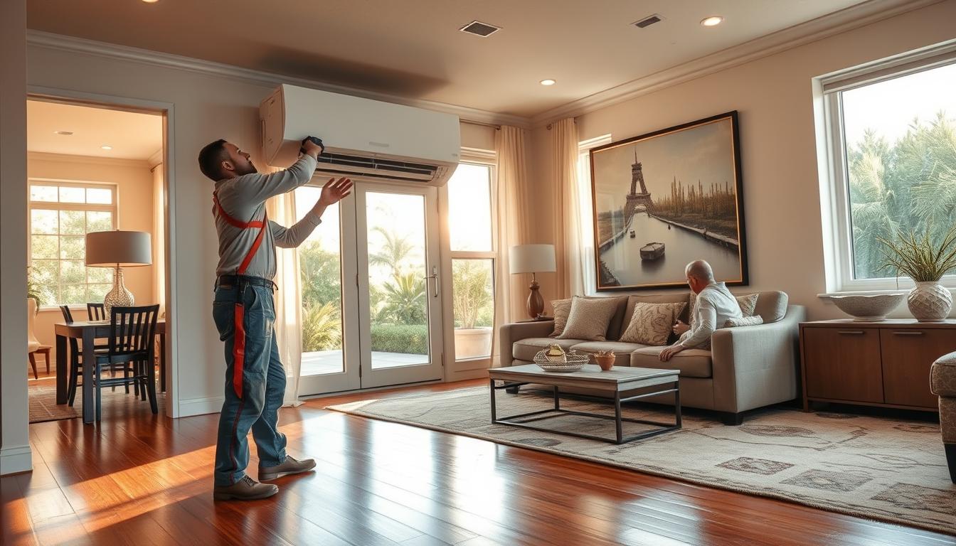 An impeccably detailed HVAC installation in a well-appointed modern home in Hillsboro Beach, Florida. A skilled technician, dressed in professional attire, meticulously installs a state-of-the-art air conditioning unit, ensuring optimal climate control for the homeowners. Warm, natural lighting filters through large windows, illuminating the technician's focused expression and the gleaming, high-efficiency unit. The polished hardwood floors and tasteful decor of the living room create a serene, comfortable atmosphere, reflecting the importance of reliable HVAC systems in the subtropical climate of South Florida.