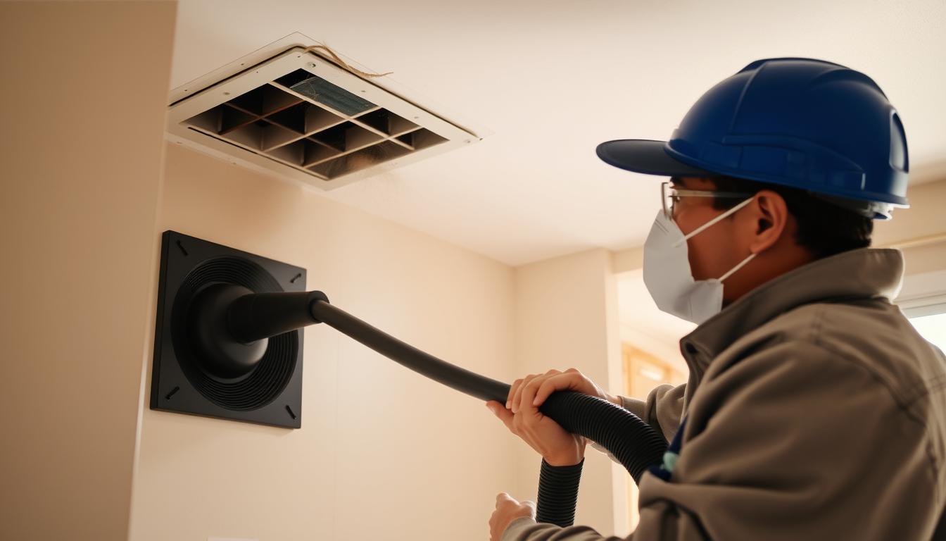 A well-lit, high-resolution photograph of a home's HVAC vent being cleaned by a professional duct cleaning technician. The technician is wearing a protective suit and mask, using a powerful vacuum hose to remove dust and debris from the vent. The room is clean and tidy, with sunlight streaming in through a nearby window, creating a warm and inviting atmosphere. The image showcases the benefits of regular duct maintenance, highlighting the importance of maintaining a healthy indoor environment for a happy family at home.