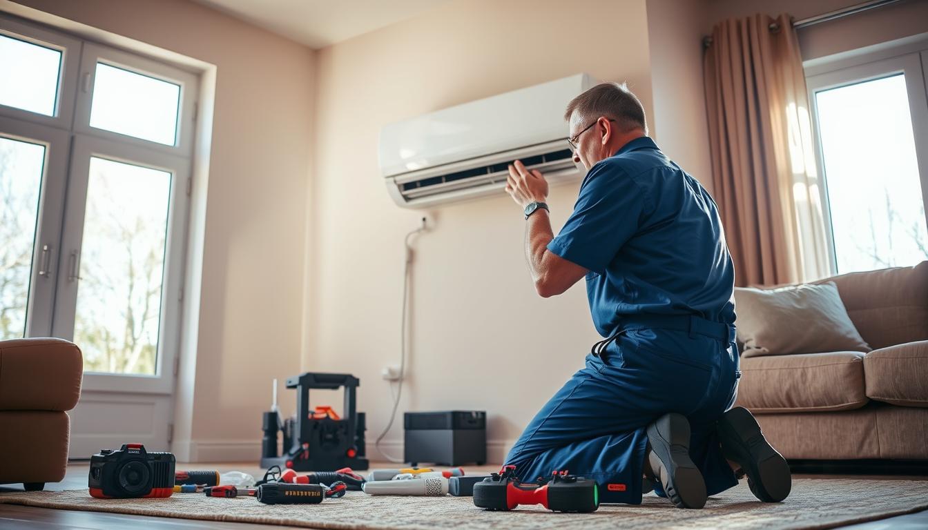 a well-lit interior scene of a residential living room, a middle-aged man in a blue uniform kneeling down, inspecting and repairing the air conditioning unit that is built into the wall, with tools and spare parts neatly arranged around him, sunlight streaming in through large windows, creating warm, soft lighting, conveying a sense of diligence and expertise as the technician meticulously addresses the cooling system, ensuring the family's comfort and healthy air quality during allergy season