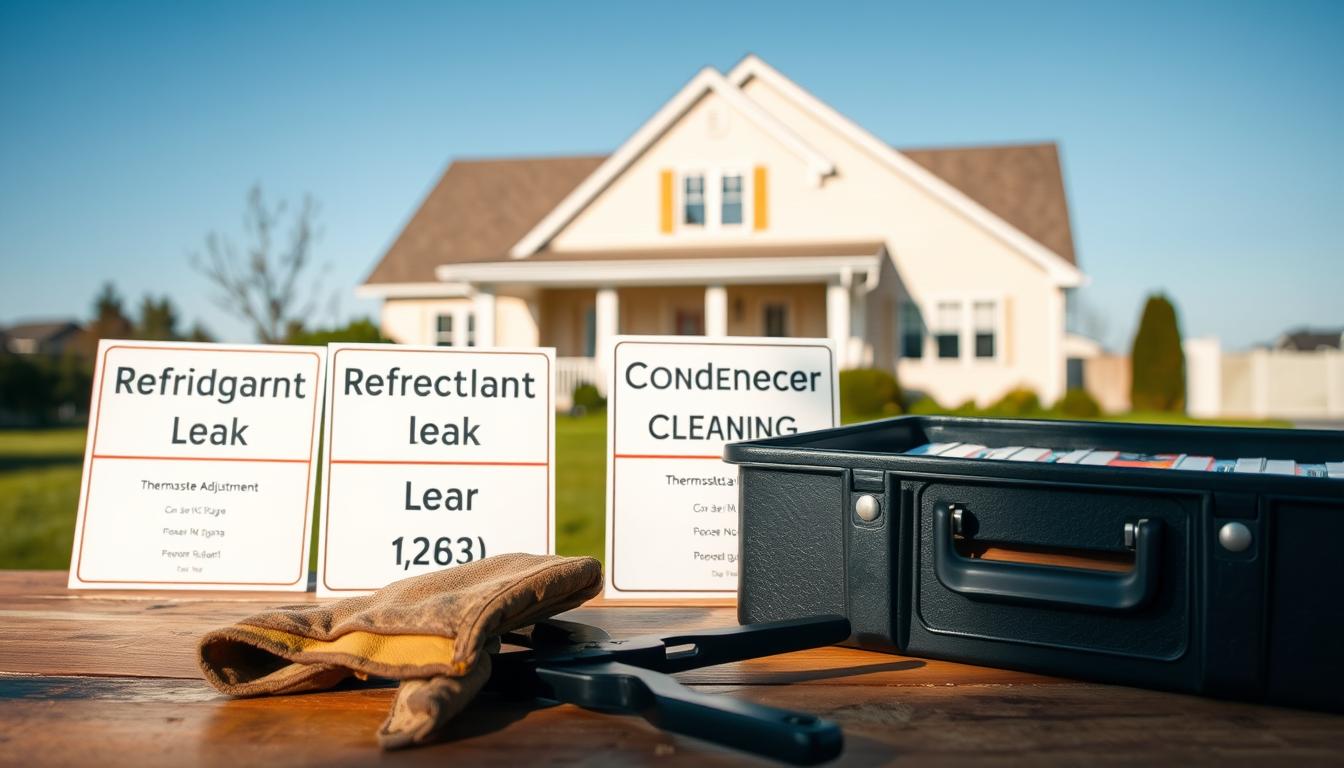 A well-lit, detailed scene of AC repair signs in a residential setting. In the foreground, a neatly organized toolbox, a worn work glove, and a pair of pliers. In the middle ground, various AC repair signs such as &quot;Refrigerant Leak,&quot; &quot;Condenser Coil Cleaning,&quot; and &quot;Thermostat Adjustment&quot; displayed on a wooden workbench. In the background, a cozy family home with a lush, green lawn and a clear blue sky. The overall mood is one of professionalism and attention to detail, conveying the expertise and care required for effective AC repair services.