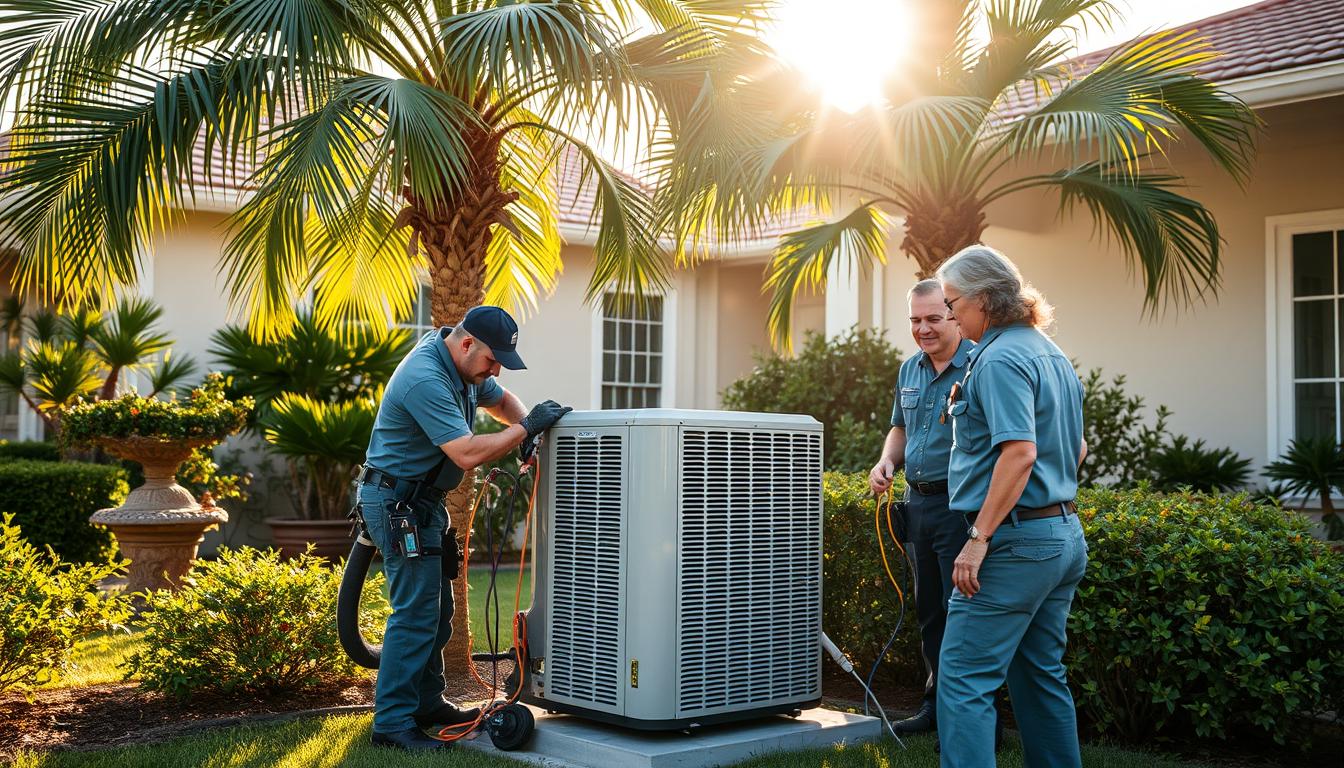 A team of skilled HVAC contractors, dressed in uniforms, diligently working on a residential central air conditioning unit in the well-manicured front yard of a comfortable Pinecrest home. Sunlight filters through the lush palm trees, casting warm shadows across the scene. The contractors appear focused and professional, utilizing specialized tools and equipment to diagnose and address the cooling system's issues. The homeowner, a content family, observes the repair process with a sense of trust and satisfaction. The mood is one of competence, efficiency, and the reliable delivery of essential HVAC services in the affluent Pinecrest community.