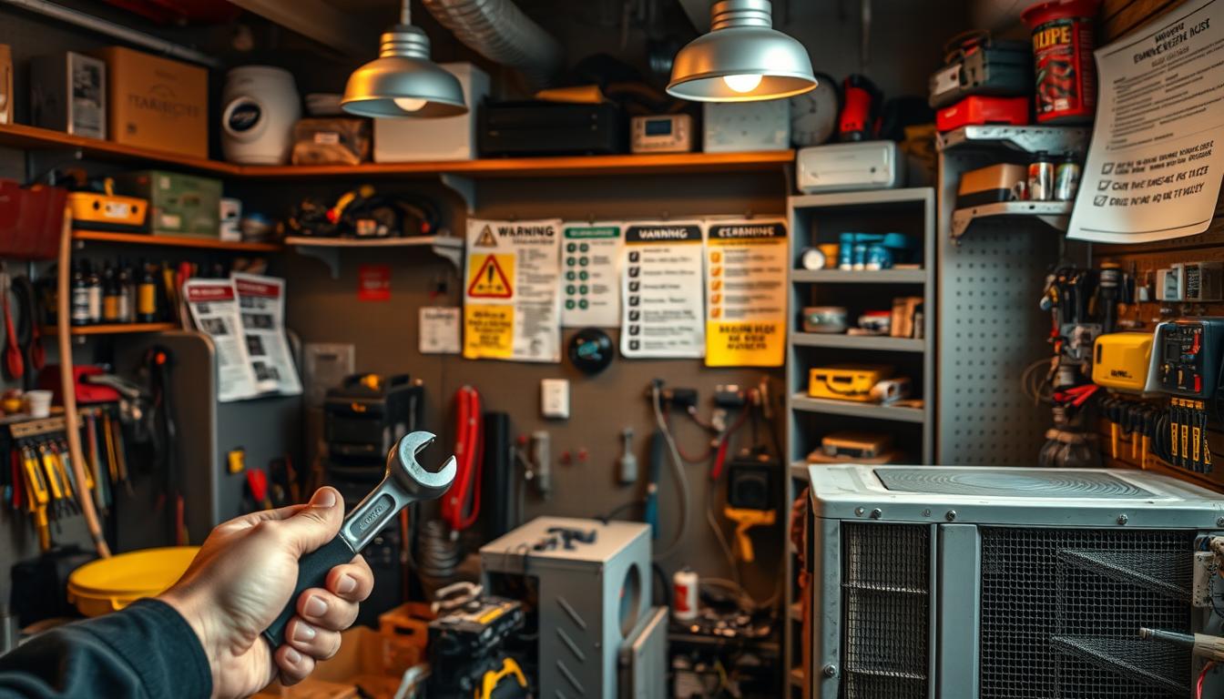 A well-lit workshop interior, filled with AC repair tools and equipment. In the foreground, a technician's hands holding a wrench, working on a dismantled air conditioning unit. Colorful warning signs and repair checklists tacked to the wall in the middle ground, indicating common AC issues. In the background, shelves stocked with replacement parts and diagnostic devices, conveying a sense of expertise and preparedness. Warm, inviting lighting illuminates the scene, creating an atmosphere of professionalism and care for the homeowner's comfort.