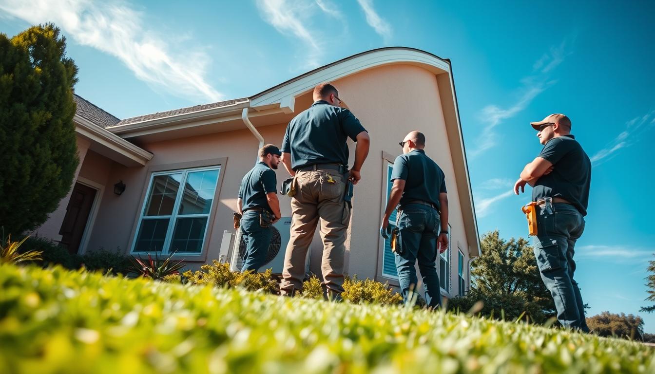 AC repair technicians outside a residential home, inspecting an air conditioning unit on the side of the house. The technicians are wearing uniforms and carrying tools, with a well-maintained lawn and landscaping in the foreground. The home has a warm, inviting atmosphere, with a clear blue sky and a few wispy clouds in the background. The angle is slightly elevated, capturing the scene from an eye-level perspective, showcasing the attention to detail and professionalism of the AC repair service.