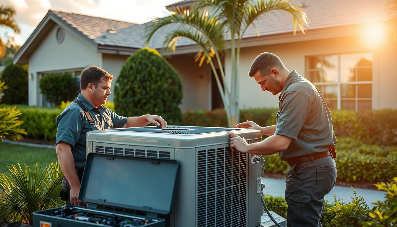 A pair of skilled AC repair technicians working diligently on a central air conditioning unit, set against the backdrop of a well-manicured suburban home in Coconut Creek. Warm afternoon sunlight filters through wispy clouds, casting a golden glow over the scene. The technicians, clad in professional uniforms, examine the unit with focused expressions, surrounded by their toolbox and equipment. The home's lush greenery and tidy landscaping frame the image, conveying a sense of pride and care. The overall atmosphere is one of competence, attention to detail, and a commitment to restoring comfort and efficiency to the homeowner's HVAC system.