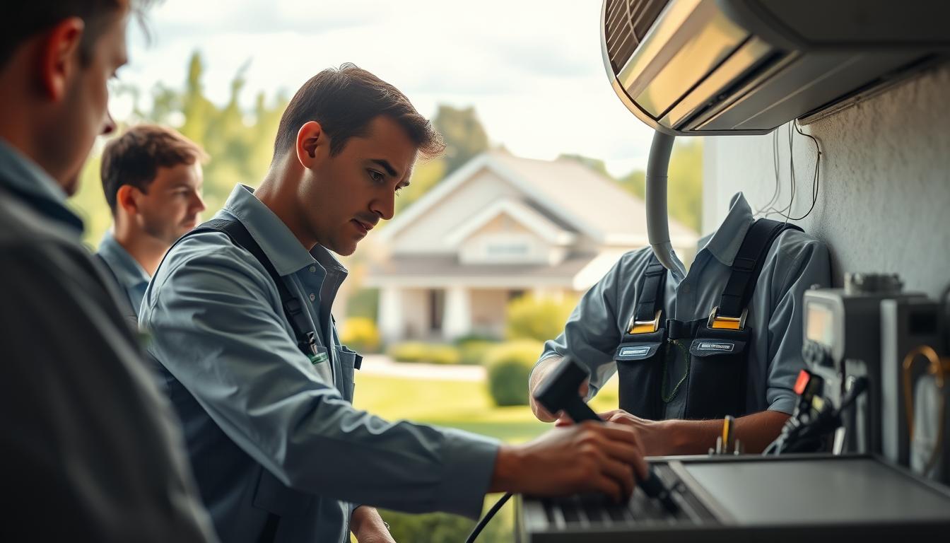 A team of skilled HVAC technicians in crisp uniforms, expertly examining a residential air conditioning unit with a focused gaze. The foreground showcases their specialized tools and equipment, while the middle ground depicts a well-maintained, cozy suburban home. The background features a lush, verdant landscape, conveying a sense of tranquility and professionalism. Soft, natural lighting illuminates the scene, creating a warm and inviting atmosphere. The overall composition emphasizes the technicians' dedication to providing efficient and reliable emergency AC services to the Davie community.