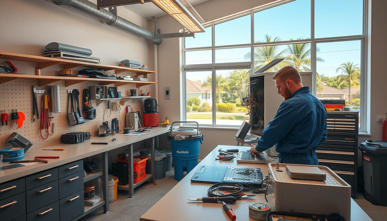 A well-lit, modern workshop with a large work bench, an assortment of AC repair tools and equipment, and a technician in a blue uniform focused on a disassembled air conditioning unit. The workshop has a clean, organized aesthetic, with warm lighting illuminating the scene. In the background, a window looks out onto a suburban neighborhood with green trees and a clear blue sky, conveying a sense of a thriving local AC repair business serving the Lake Worth community.