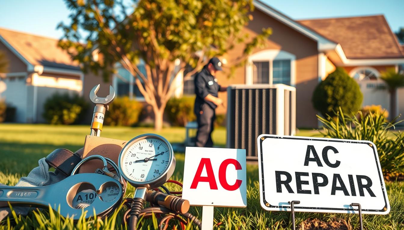 a detailed, realistic image of AC repair signs, featuring a well-lit, vibrant foreground with various signage and tools typically associated with AC repair services, such as a wrench, a refrigerant gauge, and a &quot;AC Repair&quot; sign. The middle ground showcases a technician in uniform inspecting an outdoor AC unit, with a warm, afternoon sunlight casting shadows. The background depicts a comfortable, suburban home with a well-manicured lawn and a clear, blue sky, conveying a sense of calm and homeliness. The overall mood is one of professionalism, efficiency, and care, reflecting the importance of proper AC maintenance and repair for a happy, comfortable household.