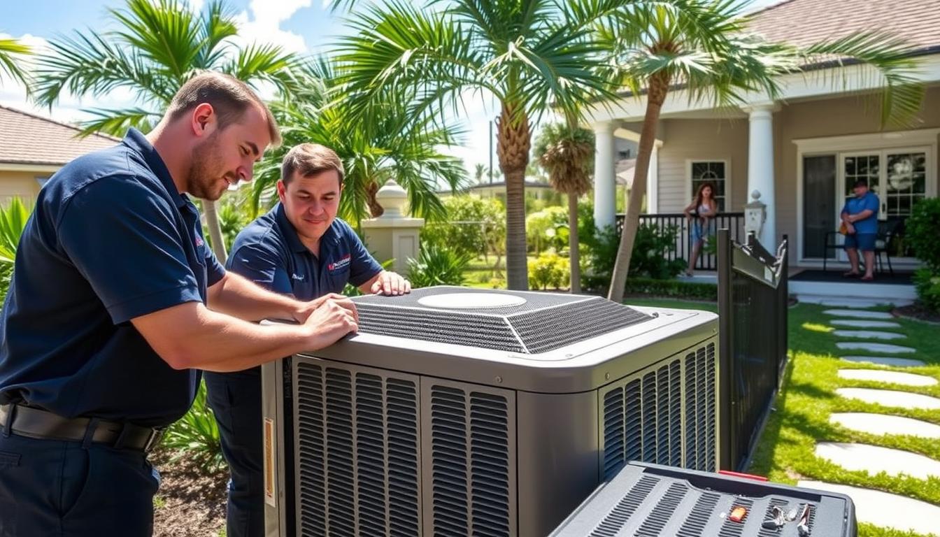 Deerfield Beach AC technicians in navy blue uniforms, working diligently on a residential air conditioning unit. Bright sunlight illuminates their faces as they inspect the system, surrounded by lush palm trees and a well-manicured lawn. The technicians' expressions convey a sense of professionalism and expertise, their tools neatly organized on a nearby toolbox. In the background, a happy family watches from the porch, relieved to have their cooling system attended to by skilled professionals.