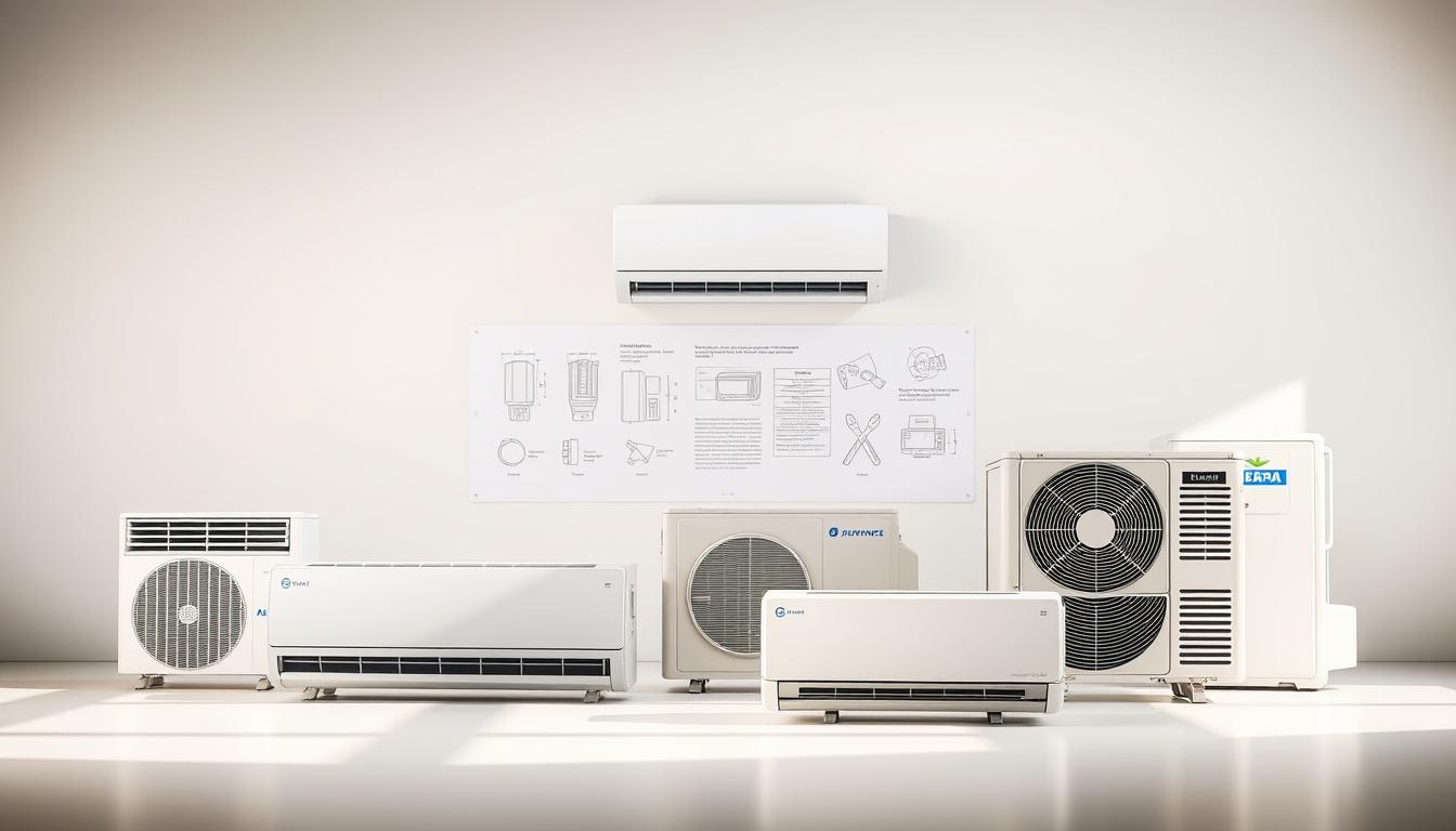 High-quality detailed image of an air conditioning units comparison, featuring several popular AC brands in a clean, well-lit studio setting. The foreground showcases the AC units in a side-by-side arrangement, highlighting their design, features, and size differences. The middle ground includes technical diagrams and specifications, providing a deeper understanding of the performance and energy efficiency of each model. The background features a soft, blurred gradient, creating a professional, informative atmosphere suitable for an article on AC maintenance in South Florida's climate. The lighting is natural and diffused, casting an even glow across the scene. The overall composition is balanced and visually appealing, emphasizing the key details consumers would need to make an informed decision when choosing the best AC brand.