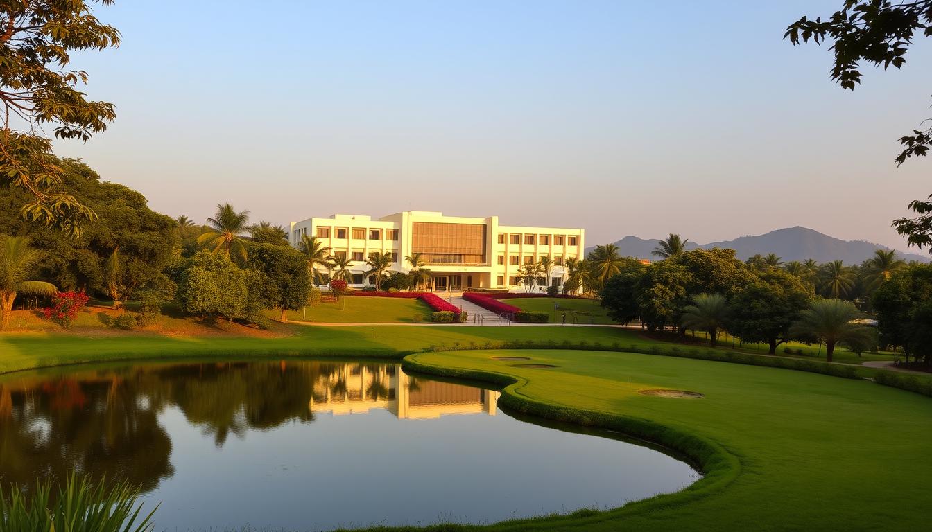 A majestic, modern campus nestled amidst lush greenery, the IIIT Bhubaneswar Research Center stands tall, its striking architecture blending seamlessly with the picturesque surroundings. Bathed in warm, golden light, the gleaming edifice commands attention, its clean lines and elegant facade reflecting the institution's commitment to academic excellence. In the foreground, a tranquil pond mirrors the building, creating a serene, contemplative atmosphere. The middle ground showcases verdant lawns dotted with vibrant flora, inviting visitors to explore the verdant campus. In the background, the horizon is framed by rolling hills, instilling a sense of peaceful isolation. This image conveys the centrality of IIIT Bhubaneswar's research efforts within the region, highlighting its importance as a hub of innovation and intellectual pursuit.
