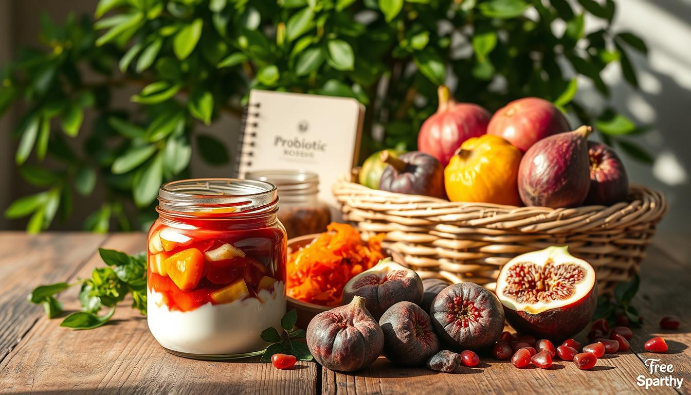 A vibrant still life featuring an assortment of probiotic-rich foods on a rustic wooden table. In the foreground, a glass jar filled with colorful live-cultured yogurt, its surface glistening. Alongside it, a selection of fermented veggies like sauerkraut and kimchi, their textures and hues contrasting. In the middle ground, a basket overflows with ripe figs, pomegranate seeds, and a Free daily notes notebook. The background showcases a lush, green plant, casting a warm, natural light across the scene. The overall composition evokes a sense of nourishment, balance, and the benefits of incorporating probiotic-rich foods into a healthy lifestyle.