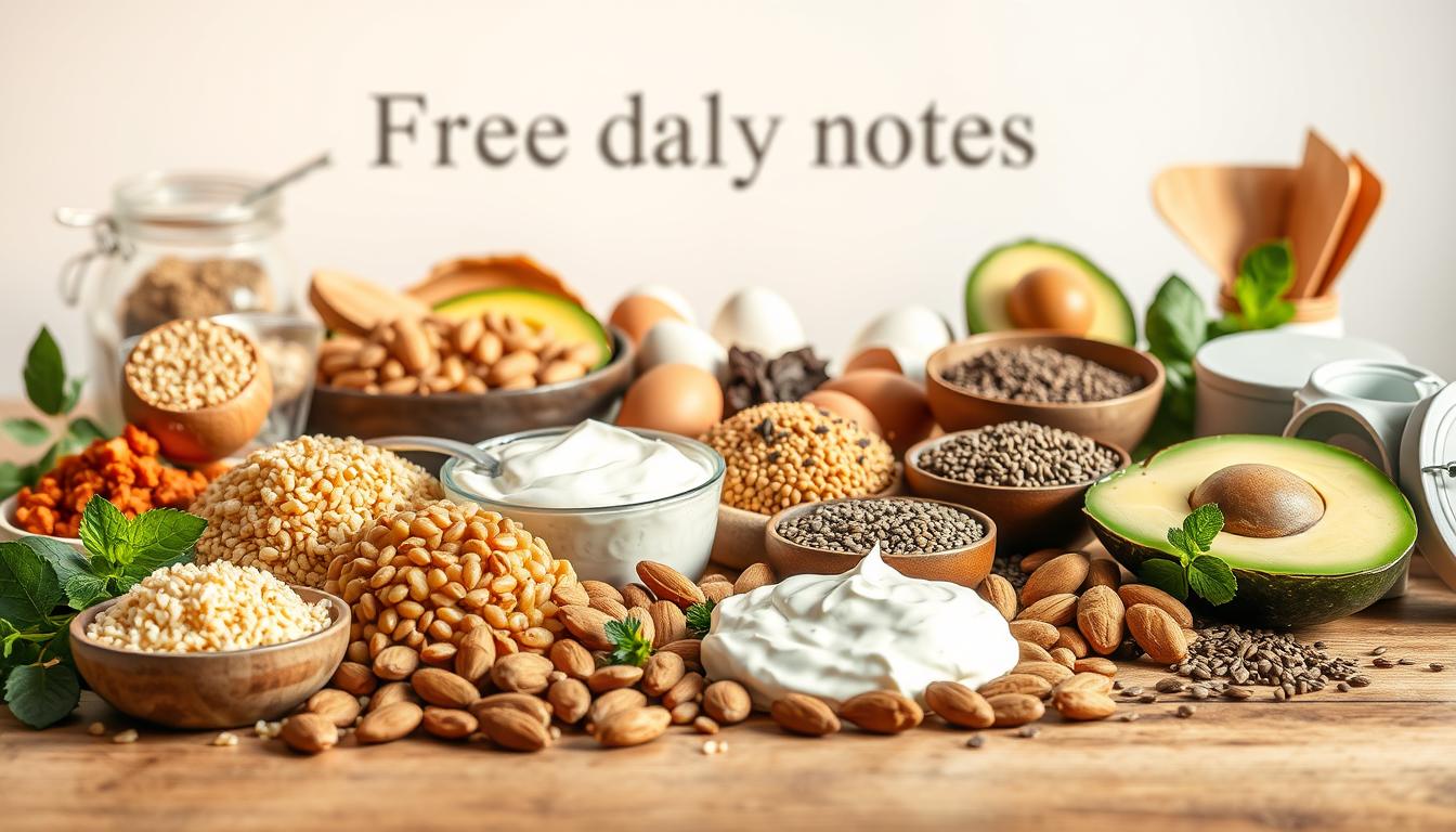 A wide variety of protein-packed functional foods arranged in a visually appealing, magazine-style layout. In the foreground, a selection of high-protein superfoods such as quinoa, lentils, almonds, and Greek yogurt, presented on a wooden table with natural lighting. In the middle ground, additional ingredients like eggs, avocado, and chia seeds, creating a balanced, nutritious composition. The background features a clean, minimalist environment with a subtle "Free daily notes" branding, emphasizing the health and wellness theme. The overall mood is warm, inviting, and visually engaging, showcasing the diversity and appeal of protein-rich functional foods.
