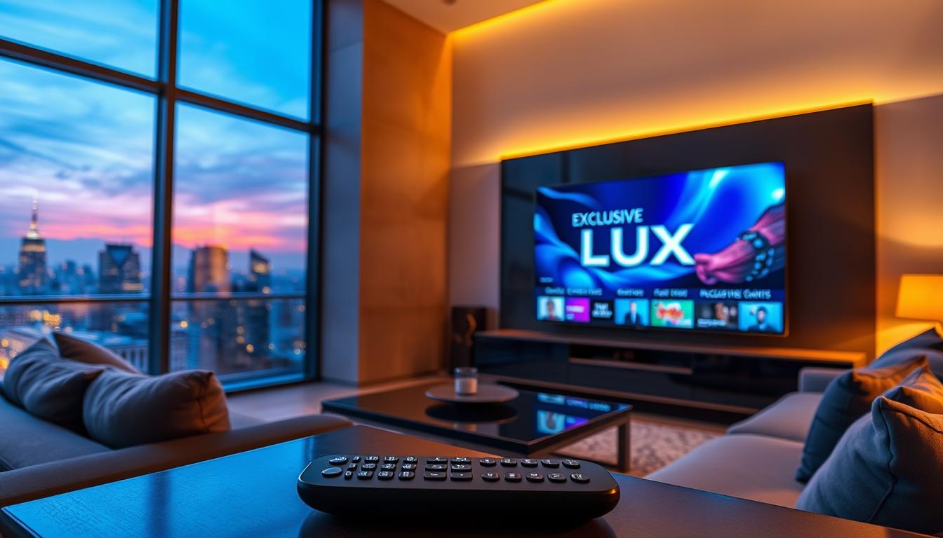 A sleek, modern living room with a large 4K television display prominently showcasing exclusive Lux IPTV content. The room is bathed in warm, ambient lighting, creating a cozy and luxurious atmosphere. The television screen displays high-quality, vibrant imagery, hinting at the exceptional video quality and premium entertainment offered by Lux IPTV. In the foreground, a sophisticated remote control and a stylish, minimalist media center unit complement the room's elegant design. The middle ground features plush, comfortable seating, inviting the viewer to immerse themselves in the premium streaming experience. The background incorporates floor-to-ceiling windows, offering a scenic city skyline view, further emphasizing the exclusive and elevated nature of the Lux IPTV service.