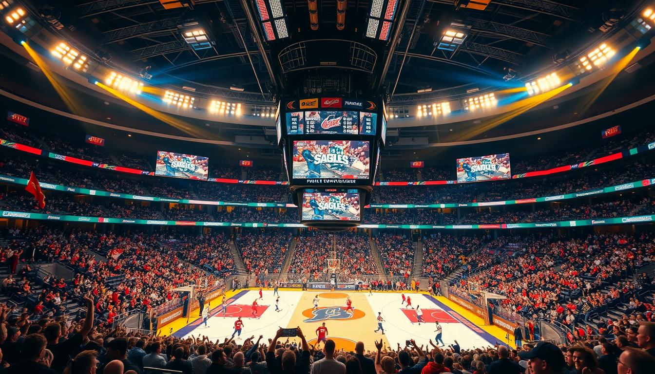 A large sports arena with a vibrant and lively atmosphere, featuring a center stage showcasing various professional sports teams and athletes in action. The foreground depicts a crowd of enthusiastic fans cheering and waving team flags, while the middle ground showcases the players competing in a range of sports such as basketball, football, and hockey. The background features a panoramic view of the stadium's interior, with towering scoreboards, state-of-the-art lighting, and a sleek, modern architectural design. The scene is illuminated by a warm, dynamic lighting that creates a sense of energy and excitement, capturing the essence of the ultimate sports entertainment experience.