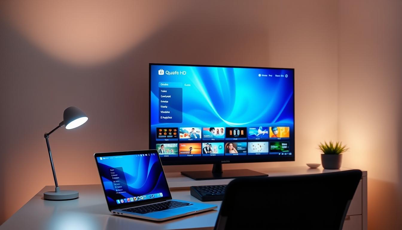 A modern home office setup with a sleek, minimalist aesthetic. On the desk, a laptop and a high-quality TV display showcasing a vibrant, ultra-HD IPTV interface. Soft, indirect lighting illuminates the scene, creating a warm and inviting atmosphere. The TV displays a visually appealing, intuitive menu system, hinting at the ease of use and affordability of the IPTV Quase de Borla service. The overall composition conveys a sense of technological sophistication and accessibility, aligning with the article's theme of "Ultra HD TV at a Fraction of the Price."