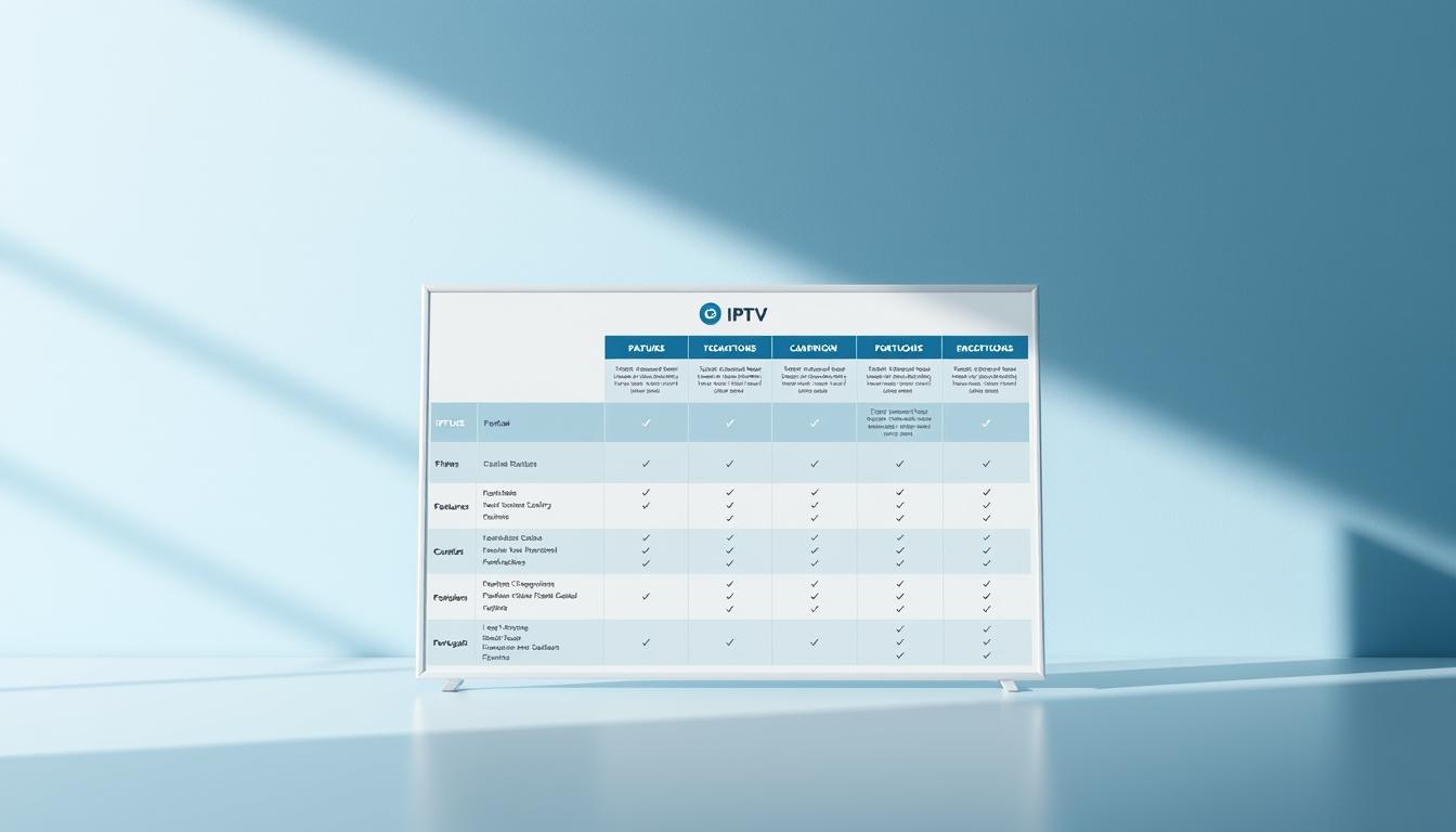 A sleek and modern comparison chart showcasing the top IPTV services in Portugal. The chart takes up the foreground, presented against a minimalist background of clean lines and subtle gradients in shades of blue and gray, conveying a sense of technological sophistication. The chart features crisp, well-organized data with clear headers and neatly arranged columns, allowing viewers to easily compare features, pricing, and other key details across the leading IPTV options. Soft, directional lighting casts gentle shadows, adding depth and dimension to the scene. The overall aesthetic is polished, informative, and designed to visually complement the "IPTV Quase de Borla" article topic.