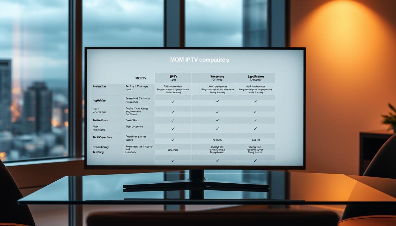 A sleek, minimalist comparison chart showcasing the features and specifications of MOM IPTV and its top competitors. The chart is displayed on a modern, glass-topped desk, bathed in warm, directional lighting that casts subtle shadows. The background is a sophisticated, blurred cityscape, hinting at the urban, tech-savvy context. The chart presents the data in a clean, infographic style, allowing the viewer to easily grasp the key differences between the IPTV services. The overall mood is one of professionalism, clarity, and a touch of elegance, befitting the subject matter.