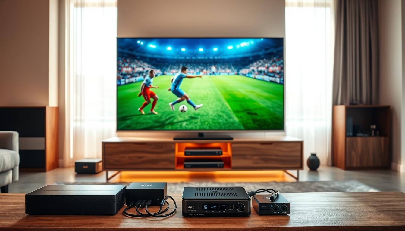 A sleek, modern 4K television stands prominently in the foreground, its crisp display showcasing a vivid, high-quality image of a Portuguese sports event. The television is placed on a minimalist, wooden entertainment center, bathed in warm, diffused lighting that creates a cozy, inviting atmosphere. In the middle ground, various high-end streaming devices and cables are neatly arranged, hinting at the technical setup required to deliver the 4K IPTV Tuga experience. The background features a clean, contemporary living room setting, with large windows allowing natural light to filter in, enhancing the sense of clarity and visual fidelity. The overall scene conveys a sophisticated, high-end, and immersive 4K streaming experience tailored for the discerning Portuguese viewer.