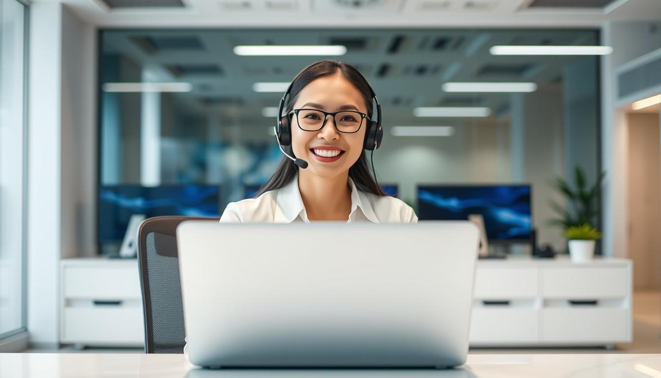 A customer service representative in a modern, well-lit office, sitting at a clean, minimalist desk. Their friendly, welcoming expression reflects the reliable, attentive support offered by Tonkieng IPTV. The background showcases sleek, state-of-the-art technology, hinting at the cutting-edge infrastructure behind the service. Soft, directional lighting illuminates the scene, creating a professional, polished atmosphere. The overall impression conveys Tonkieng's commitment to providing a seamless, high-quality streaming experience for its customers.