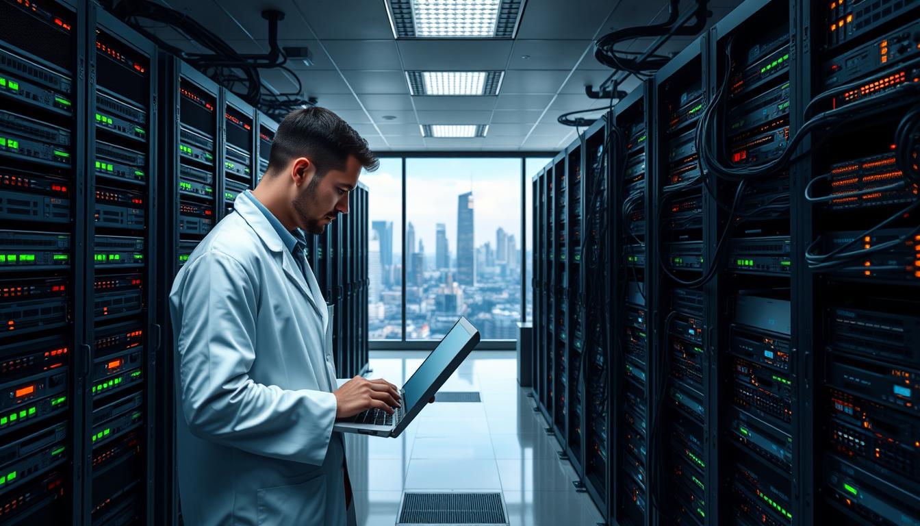 A serene, well-lit data center filled with racks of networked servers, cables, and blinking lights. In the foreground, a network engineer in a crisp white lab coat examines a laptop, meticulously monitoring IPTV traffic and optimizing network performance. The middle ground showcases an array of advanced networking equipment, including routers, switches, and modems, all working in harmony to deliver seamless IPTV streaming. In the background, a panoramic view of the city skyline is visible through large windows, reflecting the cutting-edge technology powering the IPTV network. The overall atmosphere conveys a sense of efficiency, control, and technological prowess, perfectly capturing the essence of "Resolving Common IPTV Technical Challenges".